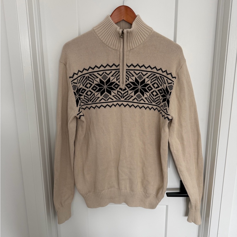 Weatherproof Beige Zip-Up Nordic Pattern Sweater